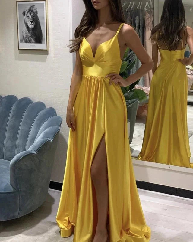 Spaghetti Straps V Neck Prom Dresses Satin Leg Slit simple gentle atmospheric and unique desi Bring summer colors to enhance whiteness by YiHuiw