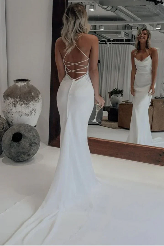 Spaghetti Strap Satin Wedding Dresses with Cowl Neck, Lace-Up Crisscross Back and Mermaid Silhouette Bridal Dress