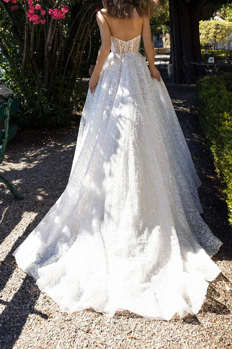 A-Line Sweetheart Lace Lace-Up Back High Slit Wedding Dress - Yihuiw by Yihuiw