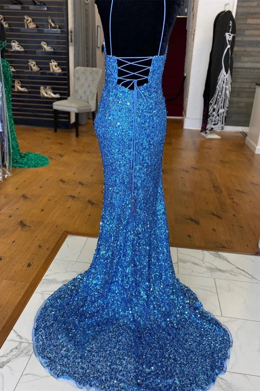 Sparkle Blue Sequin Prom Dresses Iridescent Mermaid Long Formal Dresses Side Slit simple gentle atmospheric and unique desi Bring summer colors to enhance whiteness by YiHuiw