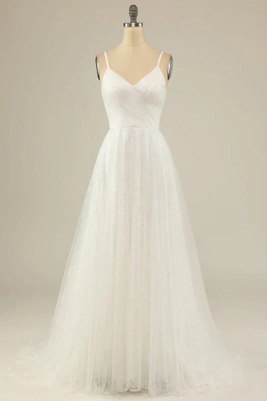A-Line Tulle Train Wedding Dress - Yihuiw by Yihuiw
