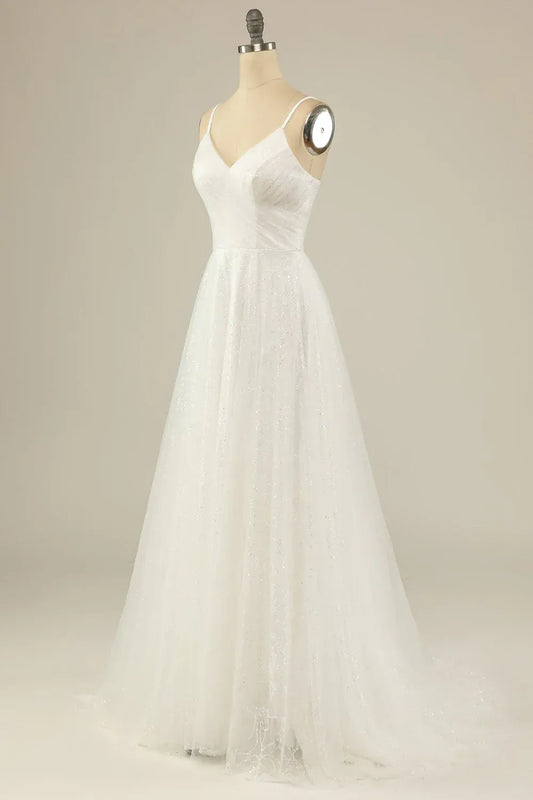 A-Line Tulle Train Wedding Dress - Yihuiw by Yihuiw