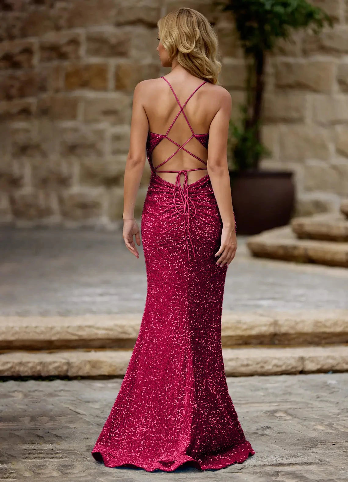 Sparkling Mermaid V Neck Spaghetti Strap Crisscross Lace Up Back High Slit Floor Length Female Evening Dress by YiHuiw