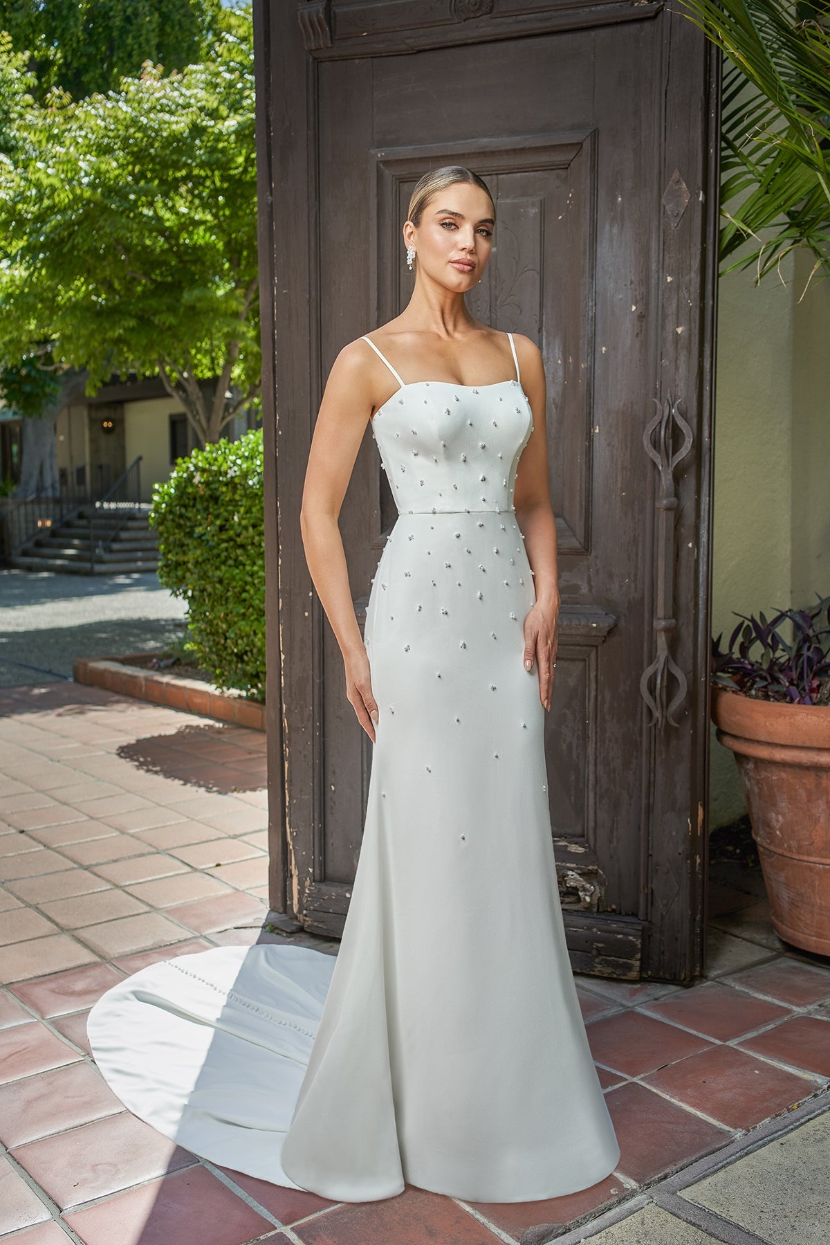 Sparkling Crepe Mermaid Square-Neck Spaghetti-Strap Low-Back Button-Detail Train Wedding Dress by YiHuiw