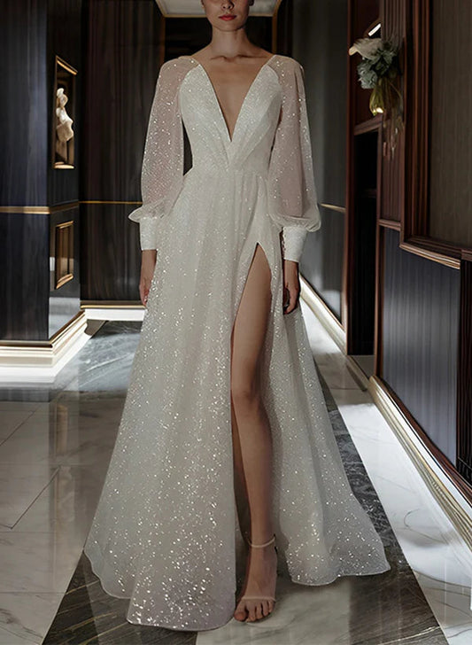 Sparkling Ivory Deep V-Neck Sheer Puff Sleeve High Slit A-Line Floor-Length Wedding Dress with Cathedral Train