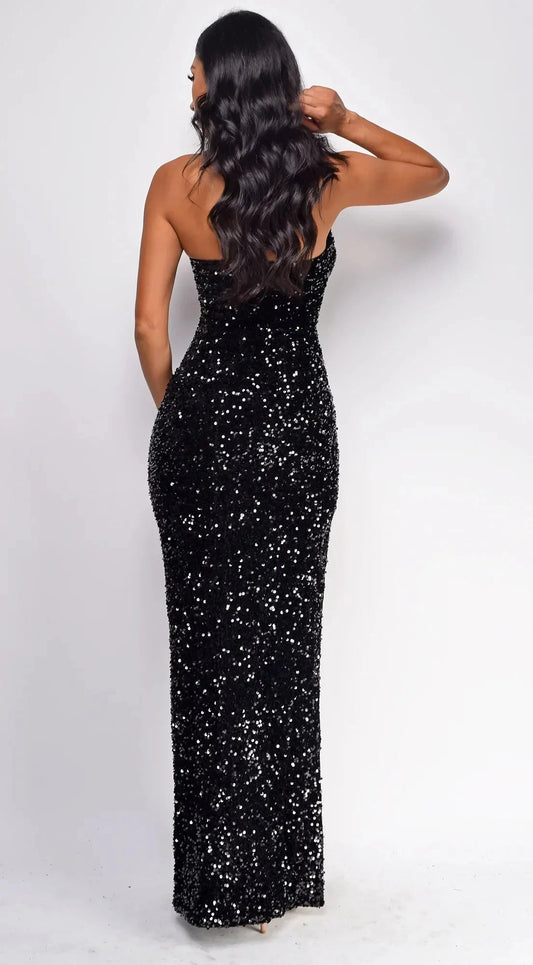 Sparkling Mermaid Off the Shoulder Neck Strapless Open-Back High-Slit Floor-Length Evening Dress by YiHuiw