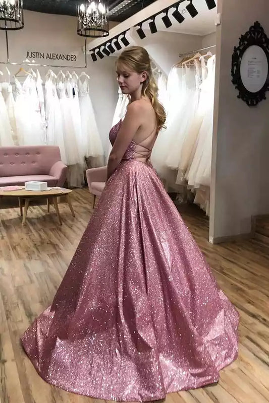 Sparkling Rose Gold Glitter Ball Dress with Square Neck & Lace-Up Back