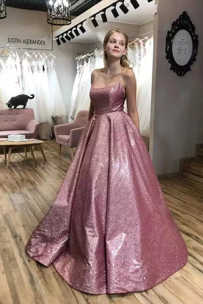 Vestido de fiesta de oro rosa brillante con escote cuadrado y espalda con cordones