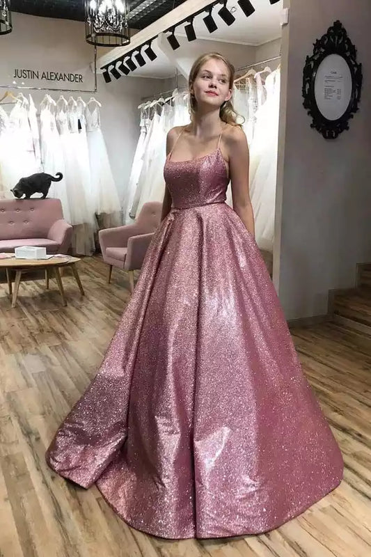 Sparkling Rose Gold Glitter Ball Dress with Square Neck & Lace-Up Back