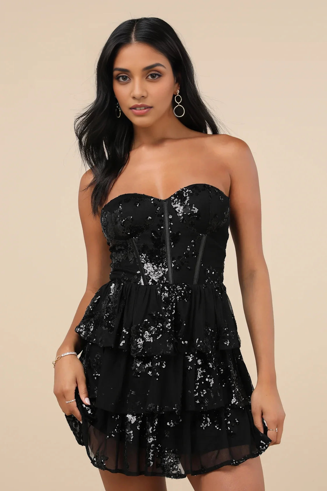 Vestidos de fiesta de corsé corto sin tirantes, de malla brillante con lentejuelas y corsé superpuesto