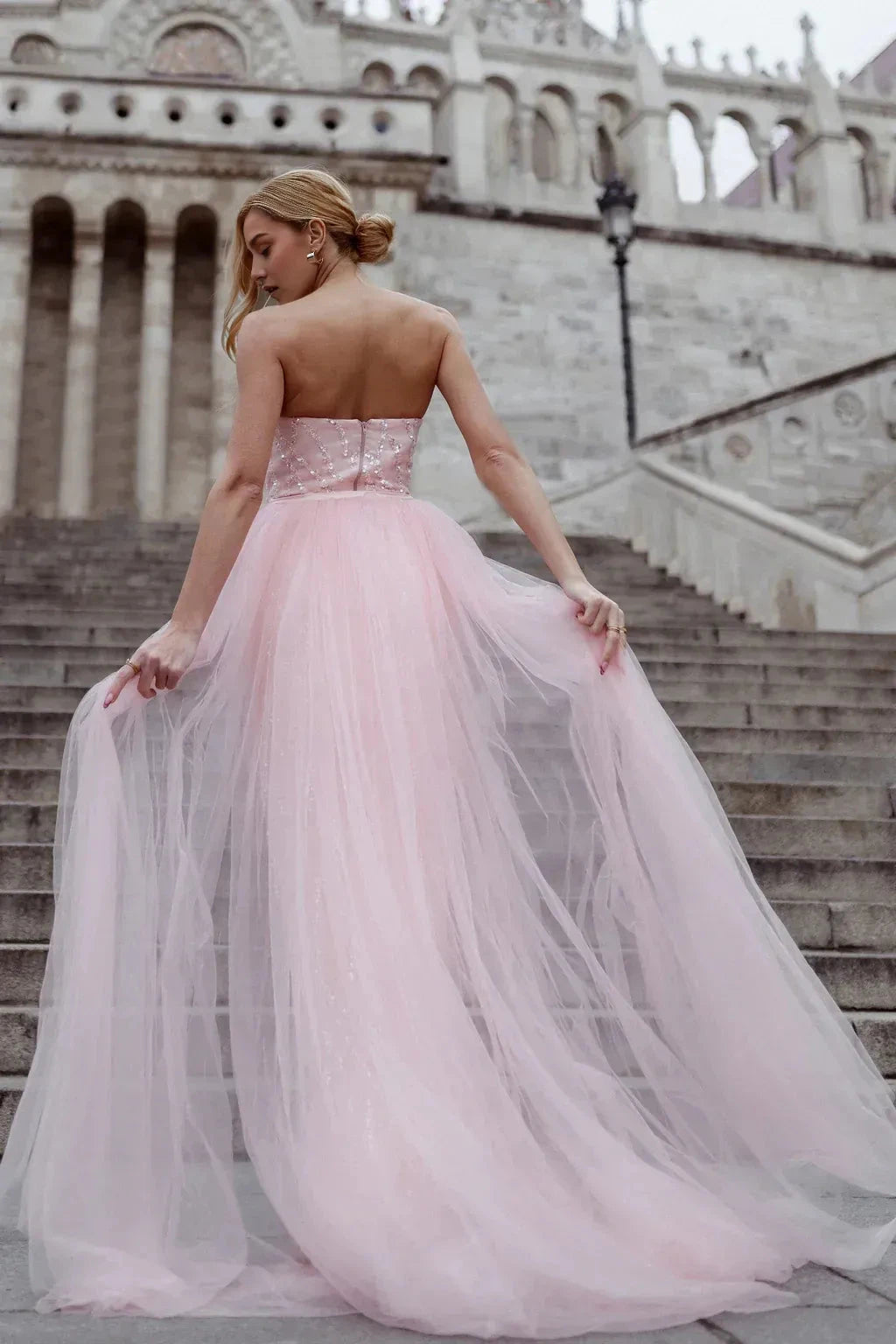 Sparkly A-Line Strapless Sleeveless Open Back Train Floor Length Prom Dress by YiHuiw
