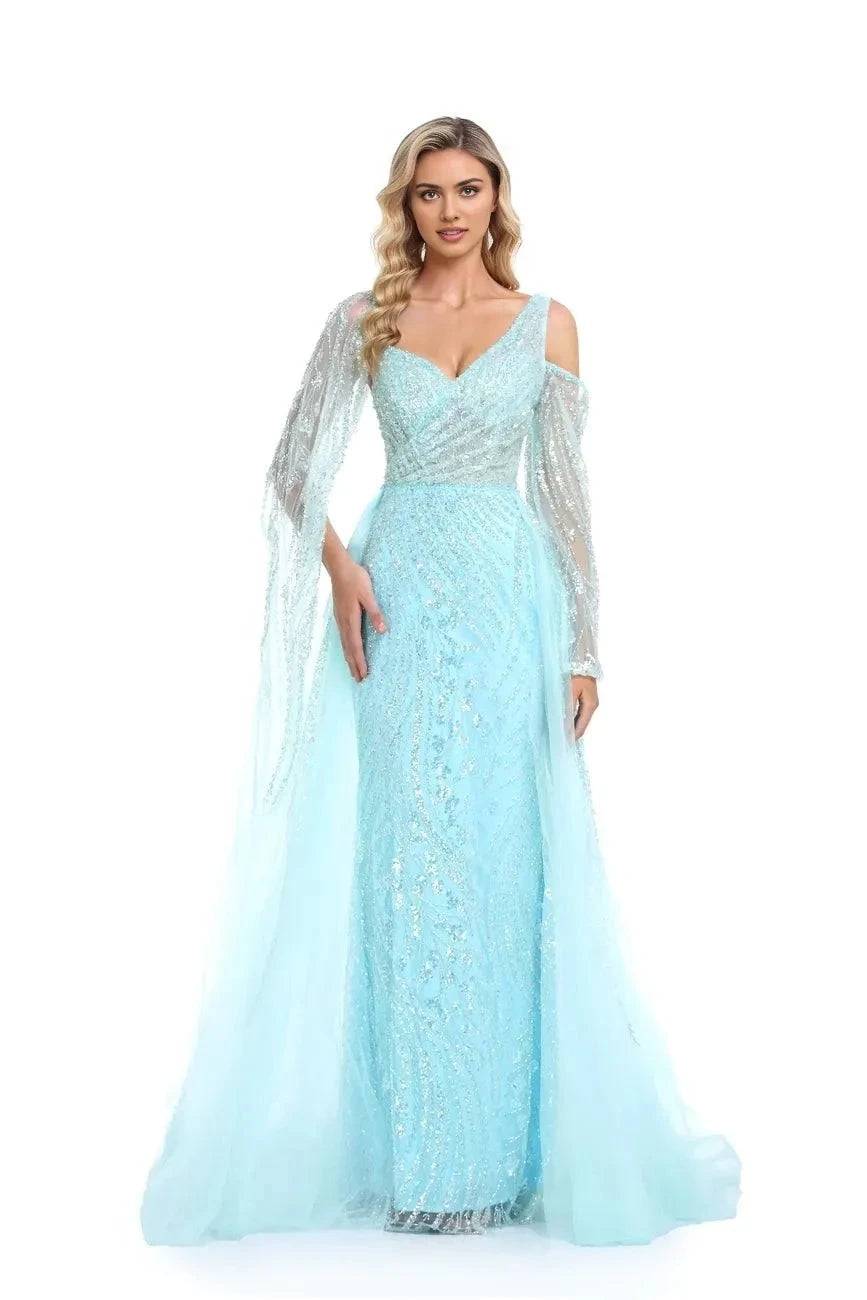 Sparkly A-Line Sweetheart Off Shoulder Long Sleeve Open Back Floor Length Prom Dress by YiHuiw