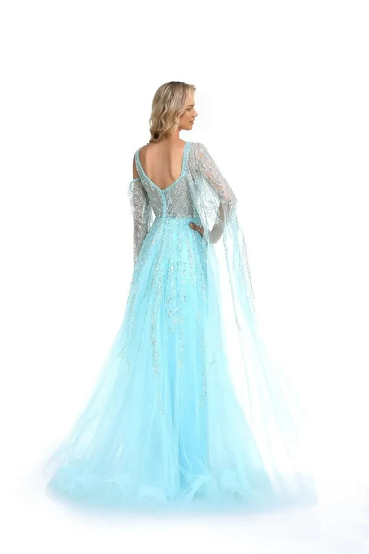 Sparkly A-Line Sweetheart Off Shoulder Long Sleeve Open Back Floor Length Prom Dress by YiHuiw