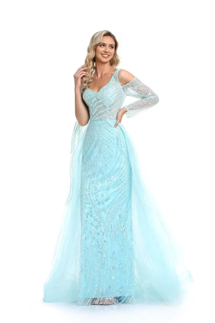 Sparkly A-Line Sweetheart Off Shoulder Long Sleeve Open Back Floor Length Prom Dress by YiHuiw