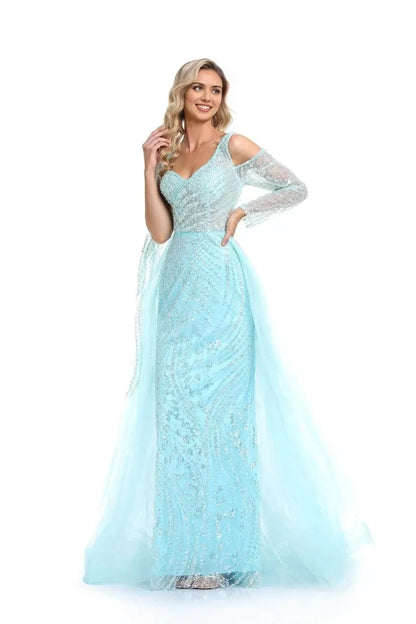 Sparkly A-Line Sweetheart Off Shoulder Long Sleeve Open Back Floor Length Prom Dress by YiHuiw