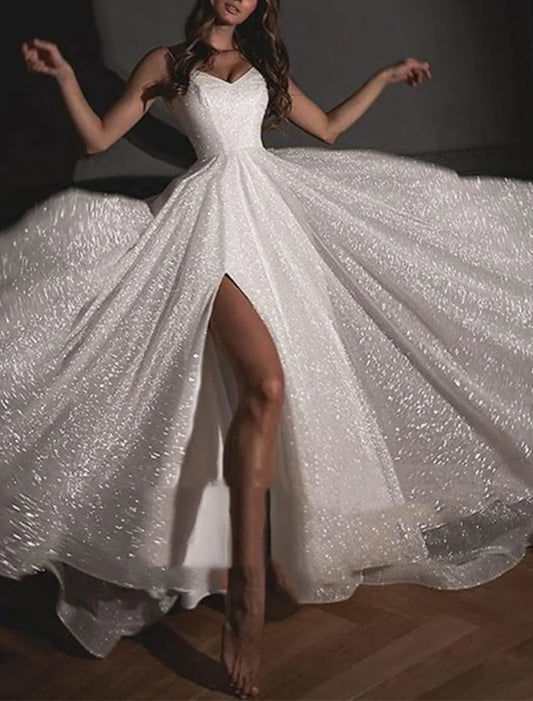 A-Line Spaghetti Strap Tulle High Slit Wedding Dress - Yihuiw by Yihuiw