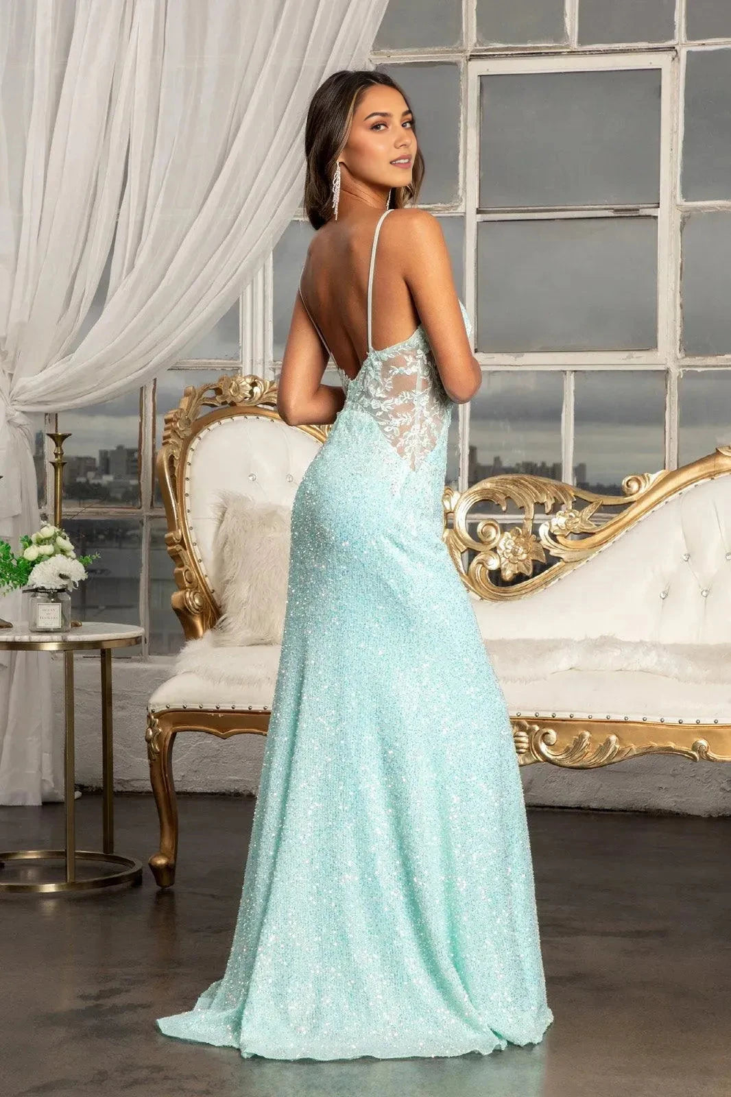 Sparkly Mermaid V-Neck Spaghetti Strap Open Back Floor Length Prom Dress by YiHuiw
