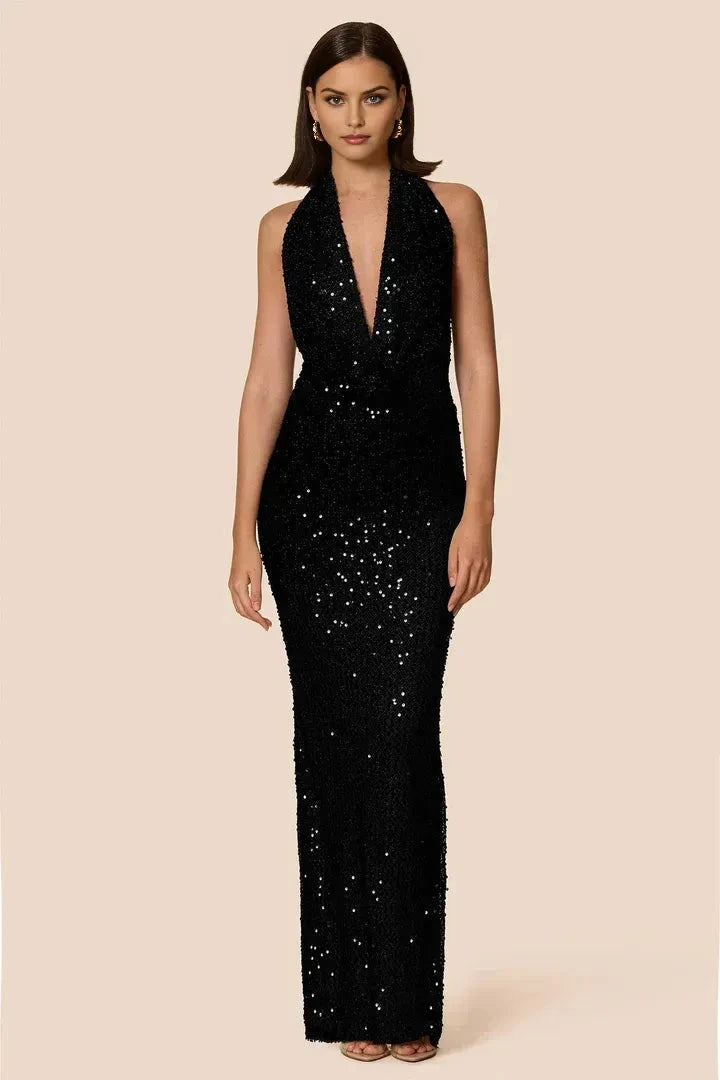 Sparkly Sheath Halter Deep V Sleeveless Open Back Floor Length Female Prom Dress by YiHuiw