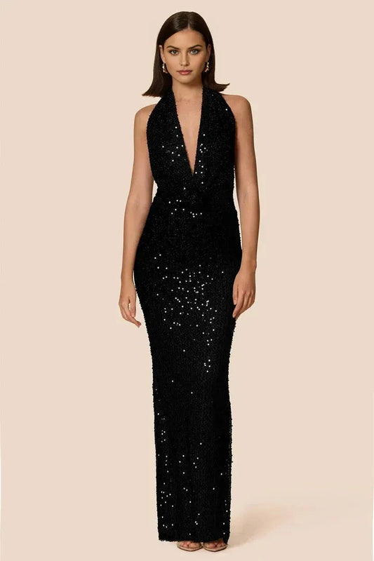 Sparkly Sheath Halter Deep V Sleeveless Open Back Floor Length Female Prom Dress by YiHuiw