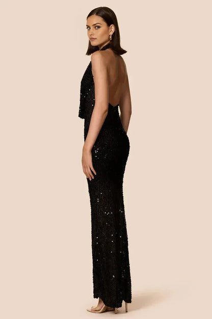 Sparkly Sheath Halter Deep V Sleeveless Open Back Floor Length Female Prom Dress by YiHuiw