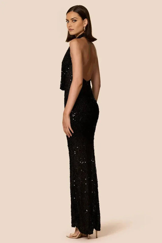Sparkly Sheath Halter Deep V Sleeveless Open Back Floor Length Female Prom Dress by YiHuiw