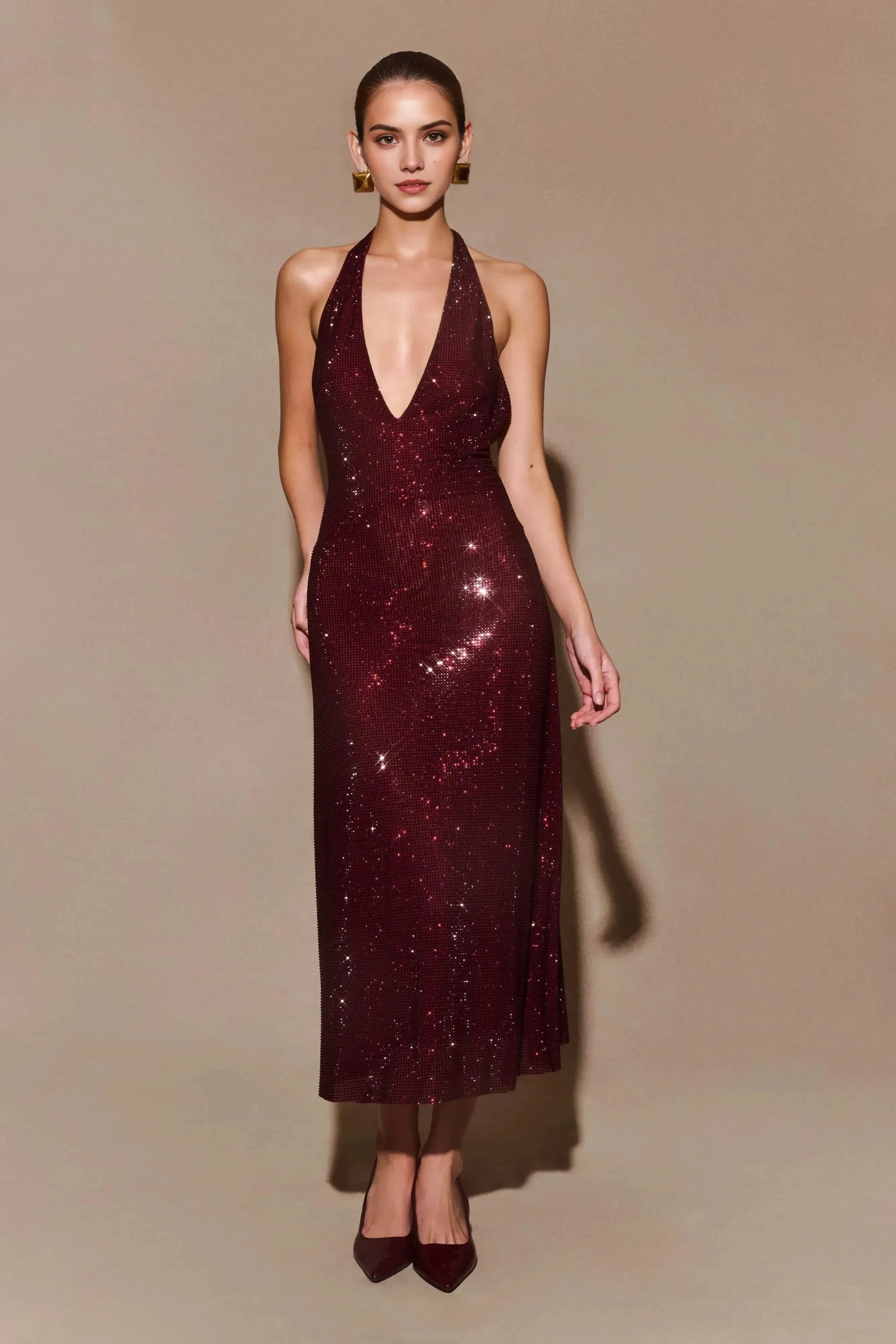 Sparkly Sheath Halter Neck Sleeveless Open Back Midi Prom Dress by YiHuiw