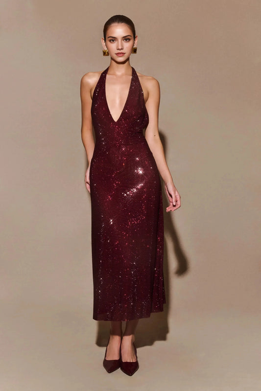 Sparkly Sheath Halter Neck Sleeveless Open Back Midi Prom Dress by YiHuiw