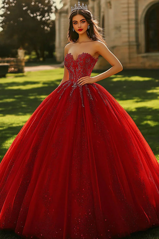 Red Glitter Ball Gown Prom Dress with Strapless Corset Bodice and Tulle Skirt