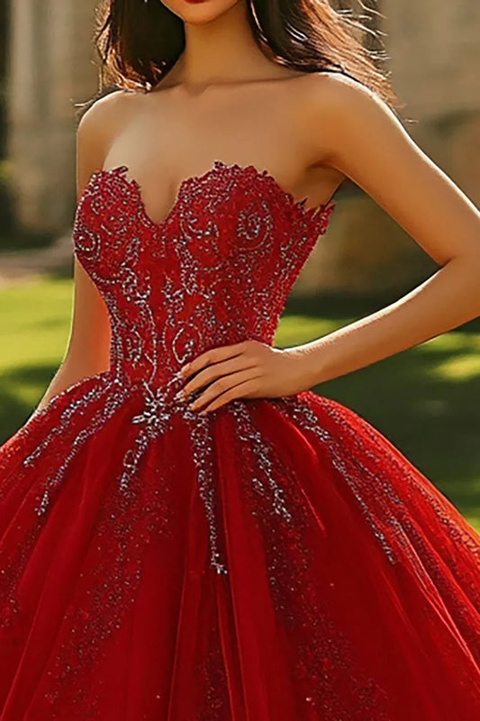 Red Glitter Ball Gown Prom Dress with Strapless Corset Bodice and Tulle Skirt
