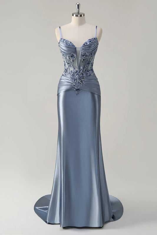 Dusty Blue Mermaid Prom Dress with Beaded Lace Corset Bodice and Spaghetti Straps