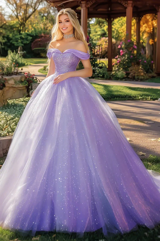 Lavender Off-the-Shoulder Glitter Tulle Ball Gown Prom Dress with Beaded Corset Bodice