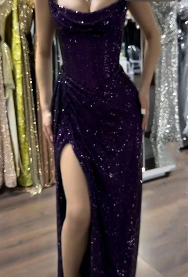 Sparkly Mermaid Strapless Grape Sequin Long Slit Evening Party Gowns Evening Dress Special Formal Dresses Prom Dress by YiHuiw