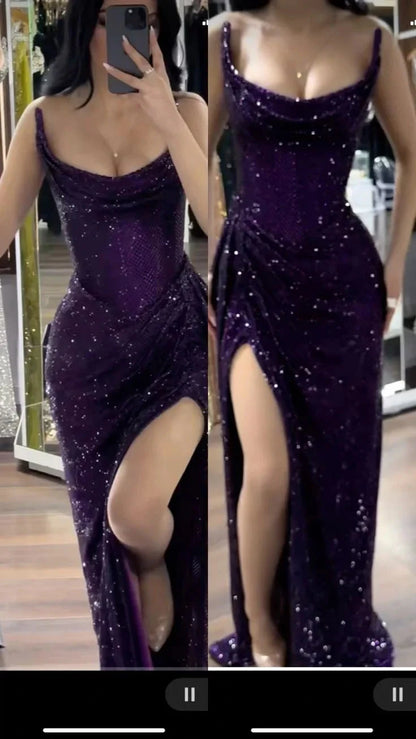 Sparkly Mermaid Strapless Grape Sequin Long Slit Evening Party Gowns Evening Dress Special Formal Dresses Prom Dress by YiHuiw