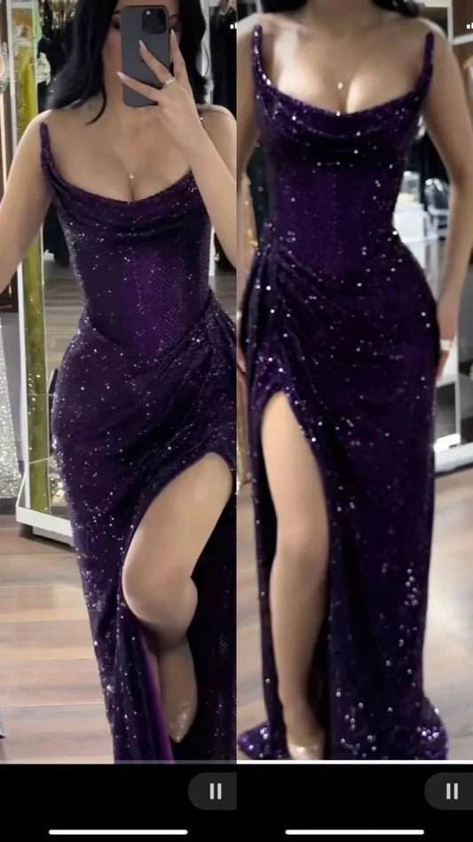 Sparkly Mermaid Strapless Grape Sequin Long Slit Evening Party Gowns Evening Dress Special Formal Dresses Prom Dress by YiHuiw