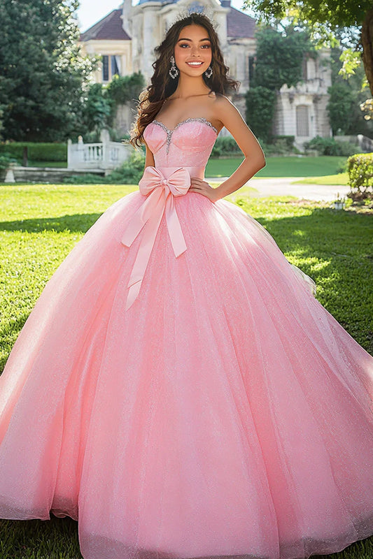 Pink Ball Gown Prom Dress with Bow Corset Bodice and Tulle Skirt