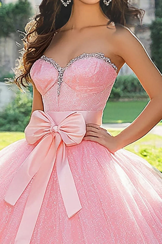 Pink Ball Gown Prom Dress with Bow Corset Bodice and Tulle Skirt