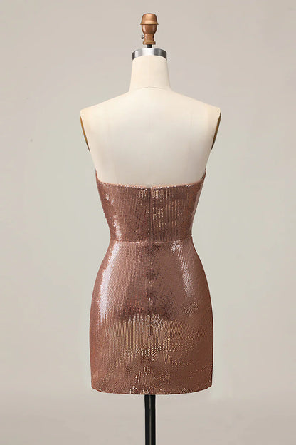 Vestido de fiesta palabra de honor color oro rosa con lentejuelas y silueta ajustada fruncida