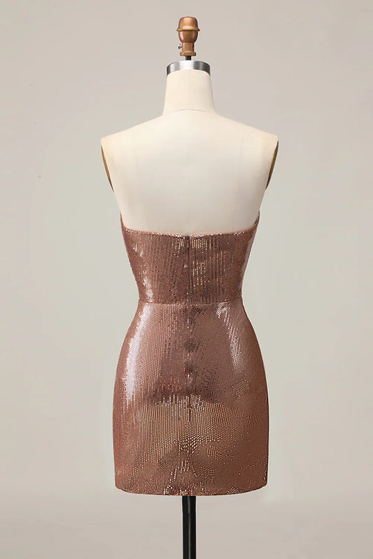Rose Gold Sequin Strapless Homecoming Dress with Ruched Bodycon Silhouette