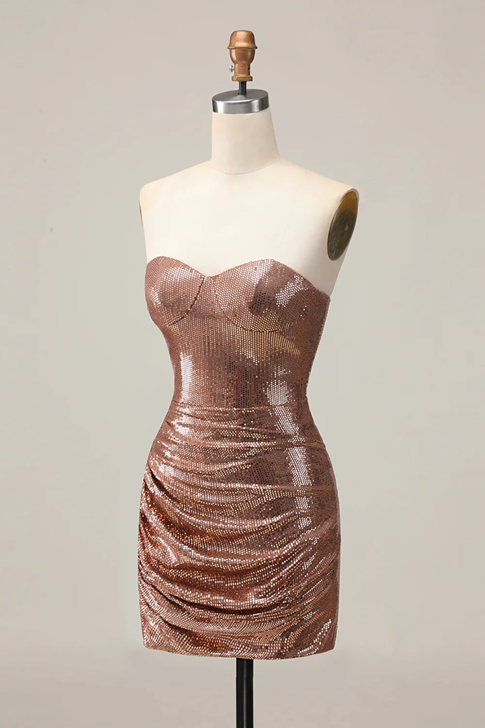 Vestido de fiesta palabra de honor color oro rosa con lentejuelas y silueta ajustada fruncida