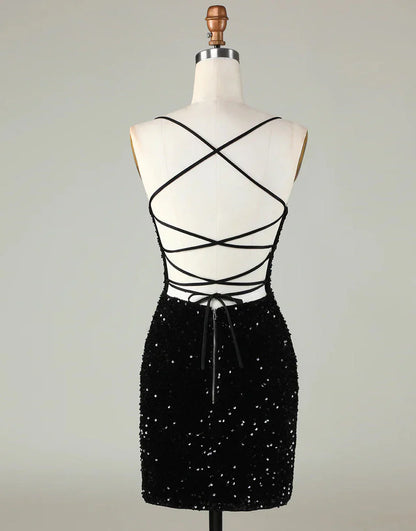 Black Sequin Homecoming Dress with Spaghetti Straps and Lace-Up Back – Sparkly Bodycon Cocktail Mini Dress