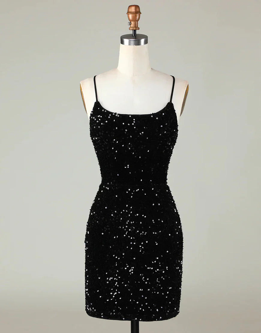 Black Sequin Homecoming Dress with Spaghetti Straps and Lace-Up Back – Sparkly Bodycon Cocktail Mini Dress