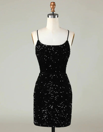 Black Sequin Homecoming Dress with Spaghetti Straps and Lace-Up Back – Sparkly Bodycon Cocktail Mini Dress