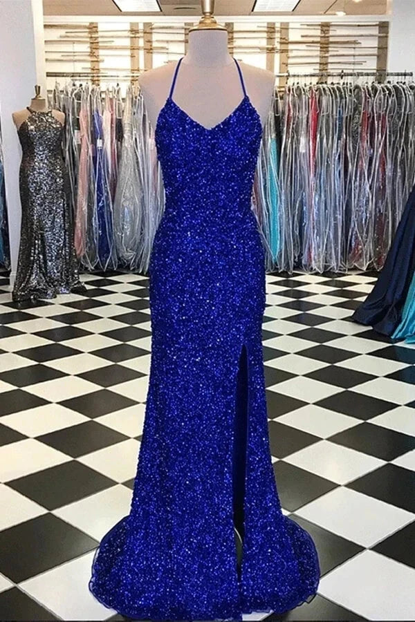 Sparkly Sheath Royal Blue Prom Dresses Evening Dresses with Slit simple gentle atmospheric and unique desi Bring summer colors to enhance whiteness by YiHuiw
