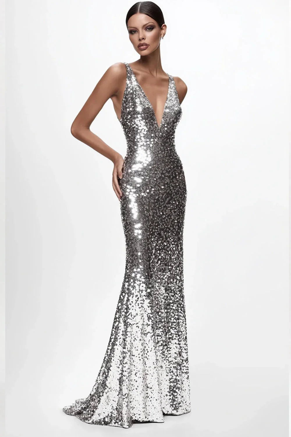 Mermaid V-Neck Spaghetti-Strap Open-Back Floor-Length Evening Dress