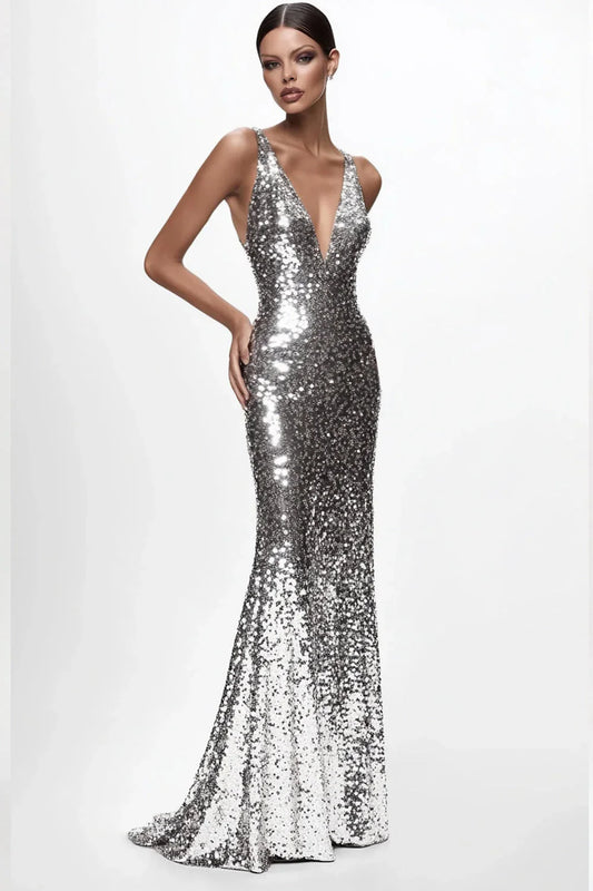 Mermaid V-Neck Spaghetti-Strap Open-Back Floor-Length Evening Dress