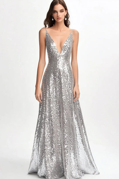 A-Line V-Neck Spaghetti-Strap Open-Back Floor-Length Evening Dress