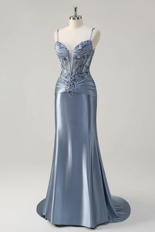 Dusty Blue Mermaid Prom Dress with Beaded Lace Corset Bodice and Spaghetti Straps