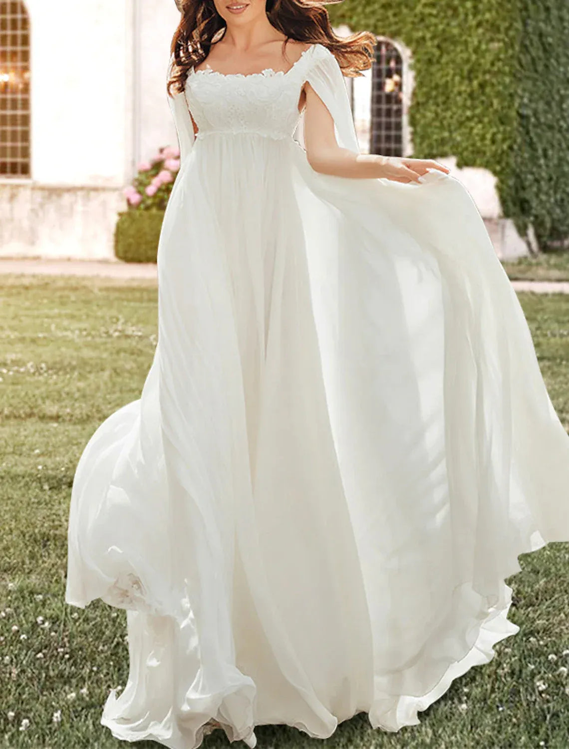 Empire Waist Square Neck Chiffon Wedding Dress - Yihuiw by Yihuiw