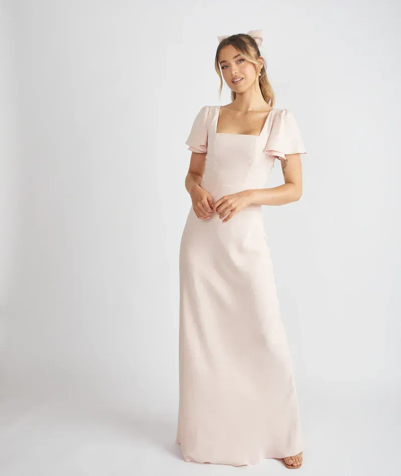 Mermaid Square Neck Satin Short Sleeve Open Back Mini Wedding Dress - Yihuiw by Yihuiw