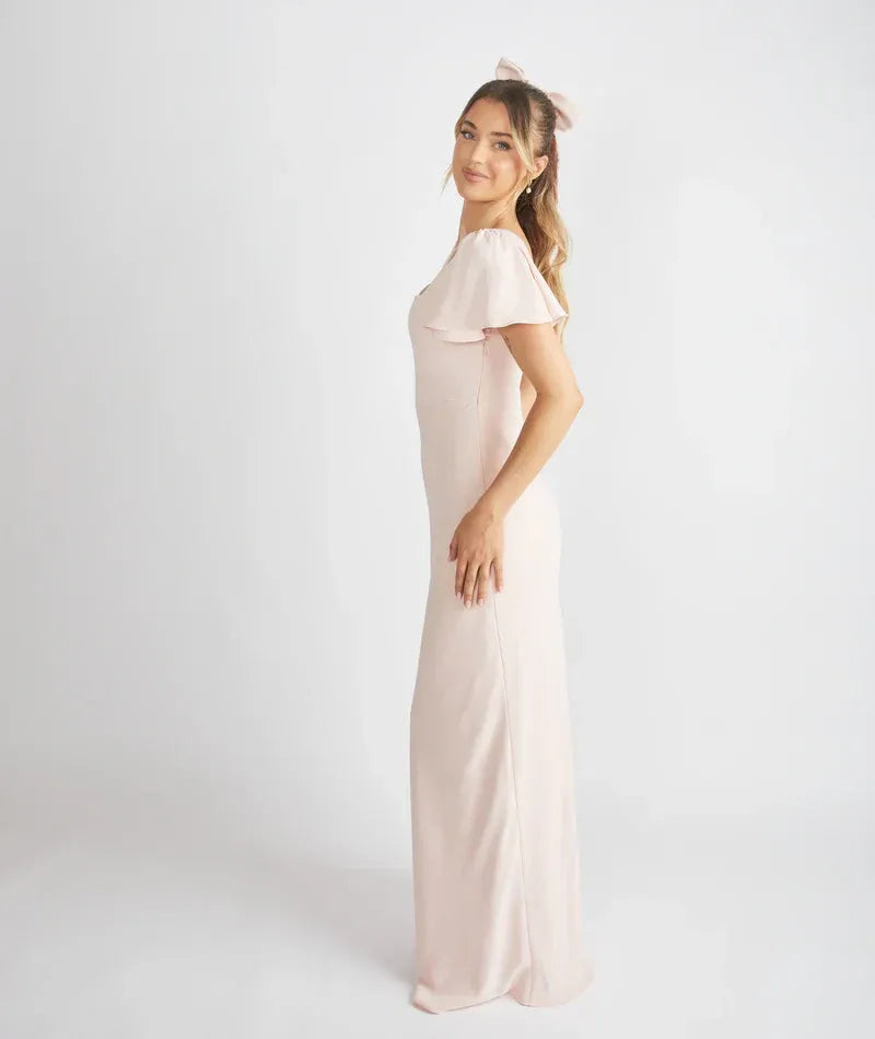 Mermaid Square Neck Satin Short Sleeve Open Back Mini Wedding Dress - Yihuiw by Yihuiw